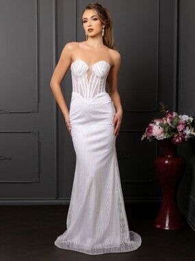 WEDDING DRESS. STRAPLESS OFF WHITE FITTED SHEATH BEADED CORSET LACE UP BACK